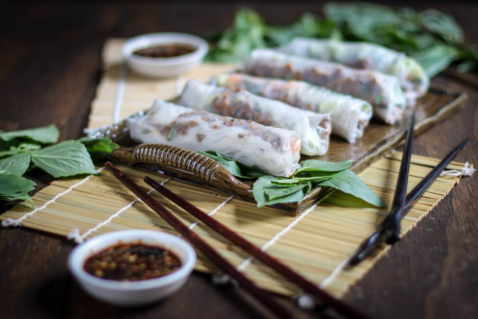sommerrollen rindfleisch thaibasilikum kräuter gemüse erdnussdip reisnudeln