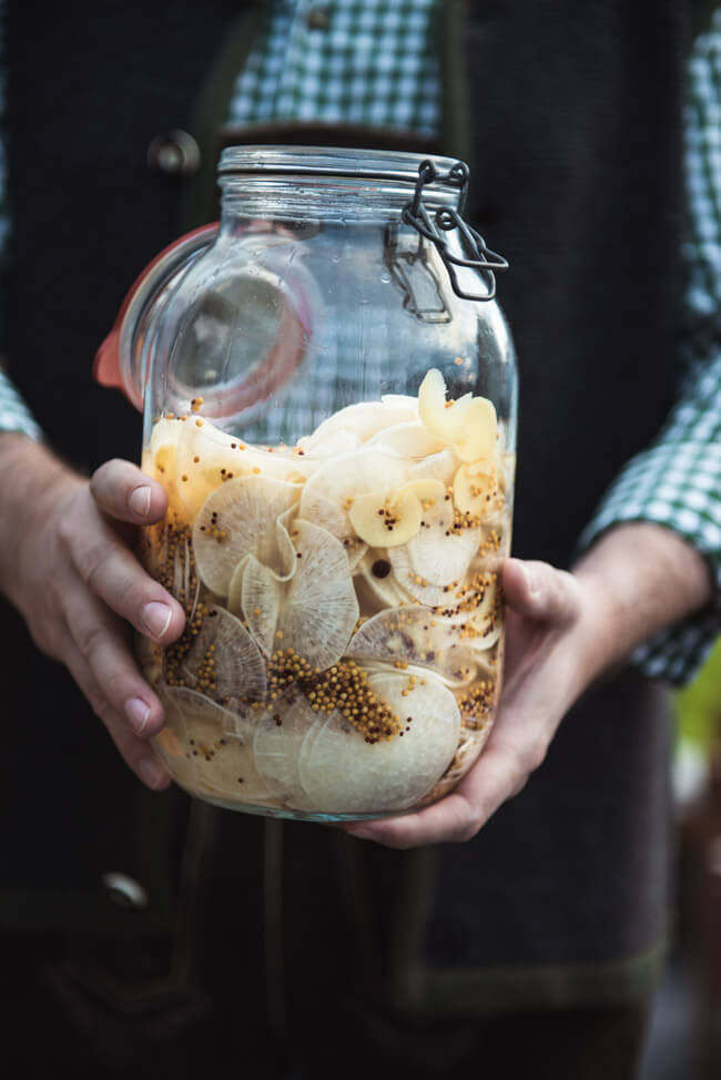 pickles rettich radi bayern brotzeit fermentation essigsud einlegen einwecken einkochen senf