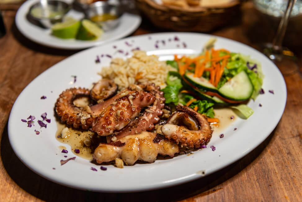 Viva Zapata Isla Holbox Restaurant gegrillter Octopus mit Reis und Knoblauch