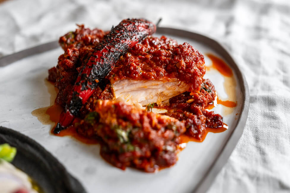 Red Snapper mit Tomatneragout aufgeschnitten