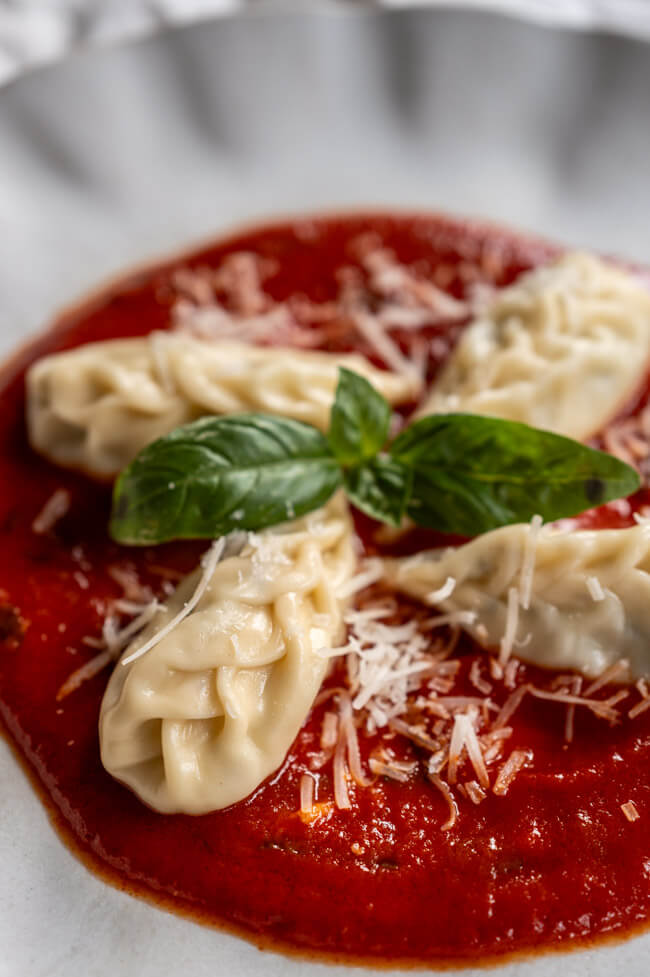 4 Culurgiones mit Tomatensauce, Parmesan und frischem Basilikum auf hellem Teller angerichtet