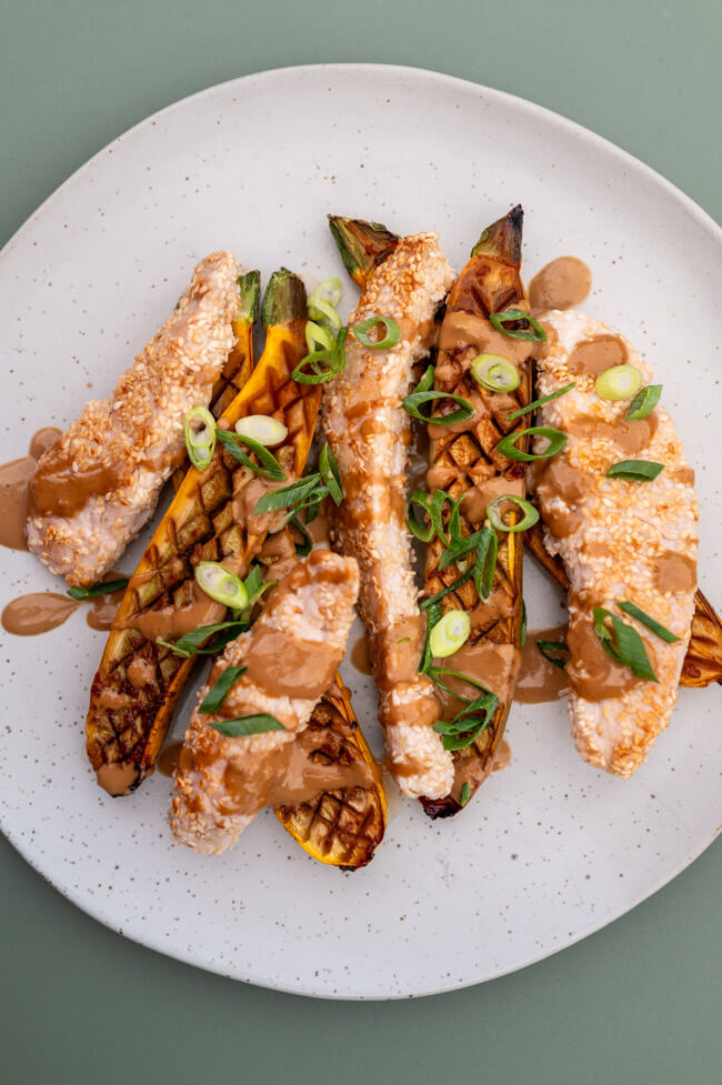 Gebratene Sesam-Pute mit geschmorter Zucchini und Limetten-Sesam-Sauce auf hellem Teller und grünem Untergrund.